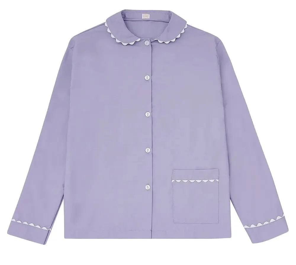 100% Cotton Poplin Lilac Pyjama Shirt With White Ric Rac Detailing