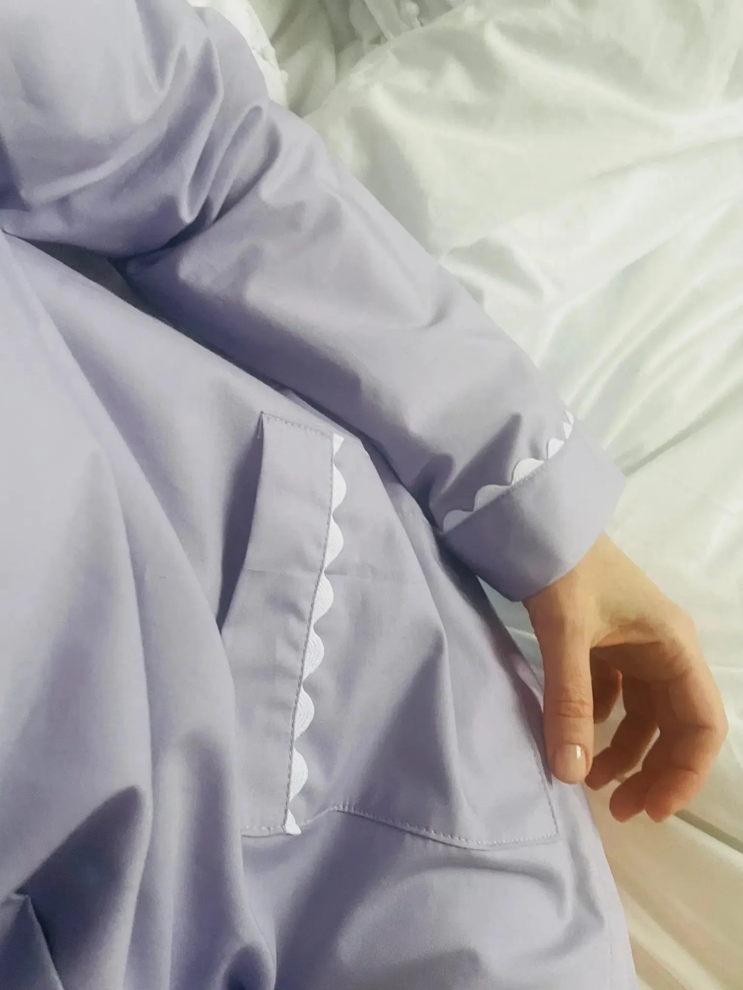 100% Cotton Poplin Lilac Pyjama Shirt With White Ric Rac Detailing