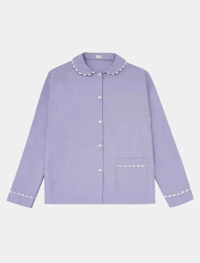 100% Cotton Poplin Lilac Pyjama Shirt With White Ric Rac Detailing
