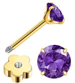 3mm Handmade G23 Titanium Flat Back Earrings 14k Gold Plated Small 5A CZ Cartilage Earrings Studs Hypoallergenic Screw Back Nap Earrings Women Helix Tragus Piercing Jewelry Purple