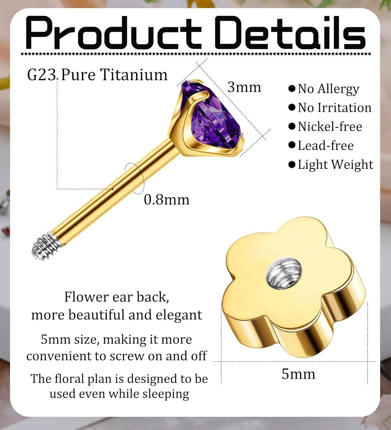 3mm Handmade G23 Titanium Flat Back Earrings 14k Gold Plated Small 5A CZ Cartilage Earrings Studs Hypoallergenic Screw Back Nap Earrings Women Helix Tragus Piercing Jewelry Purple