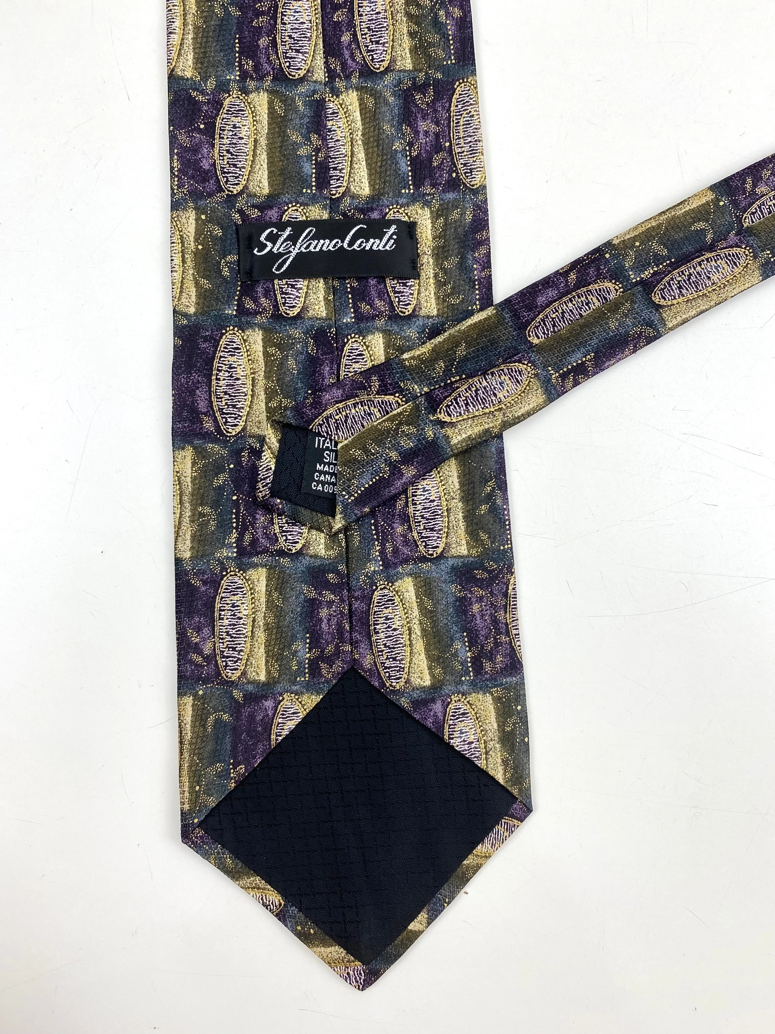 90s Deadstock Silk Necktie, Men's Vintage Purple/ Blue/ Green Geometric Oval & Vine Pattern Tie, NOS