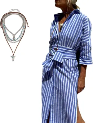 Aviationp Classic Striped Lace-Up Shirt Dress, Lapel Slit Striped Shirt Dress, 3/4 Sleeve Belted Striped Dress