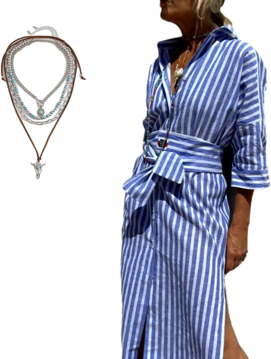 Aviationp Classic Striped Lace-Up Shirt Dress, Lapel Slit Striped Shirt Dress, 3/4 Sleeve Belted Striped Dress