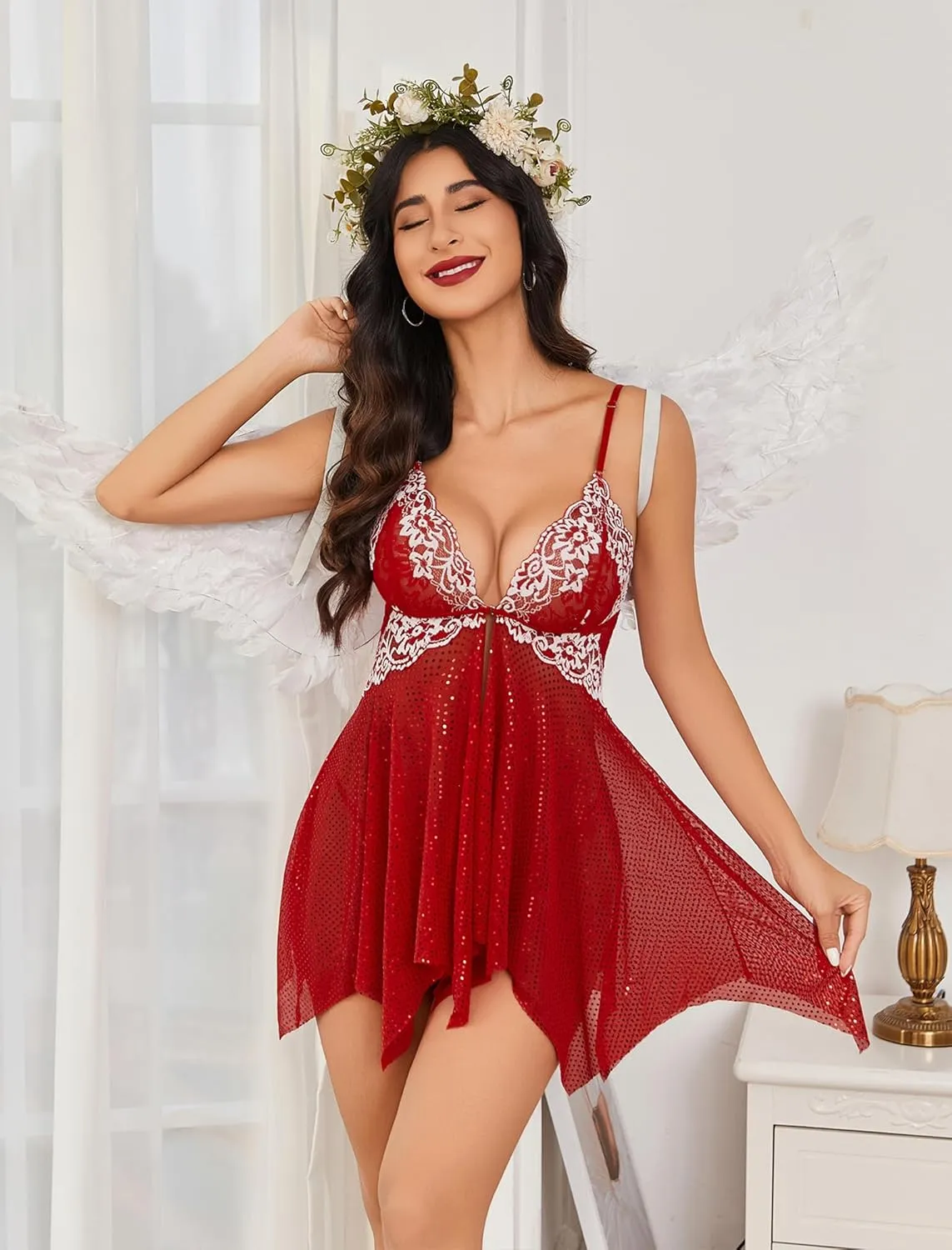 Avidlove Women Lace Lingerie Front Closure Babydoll V Neck Nightwear Sexy Chemise Nightie