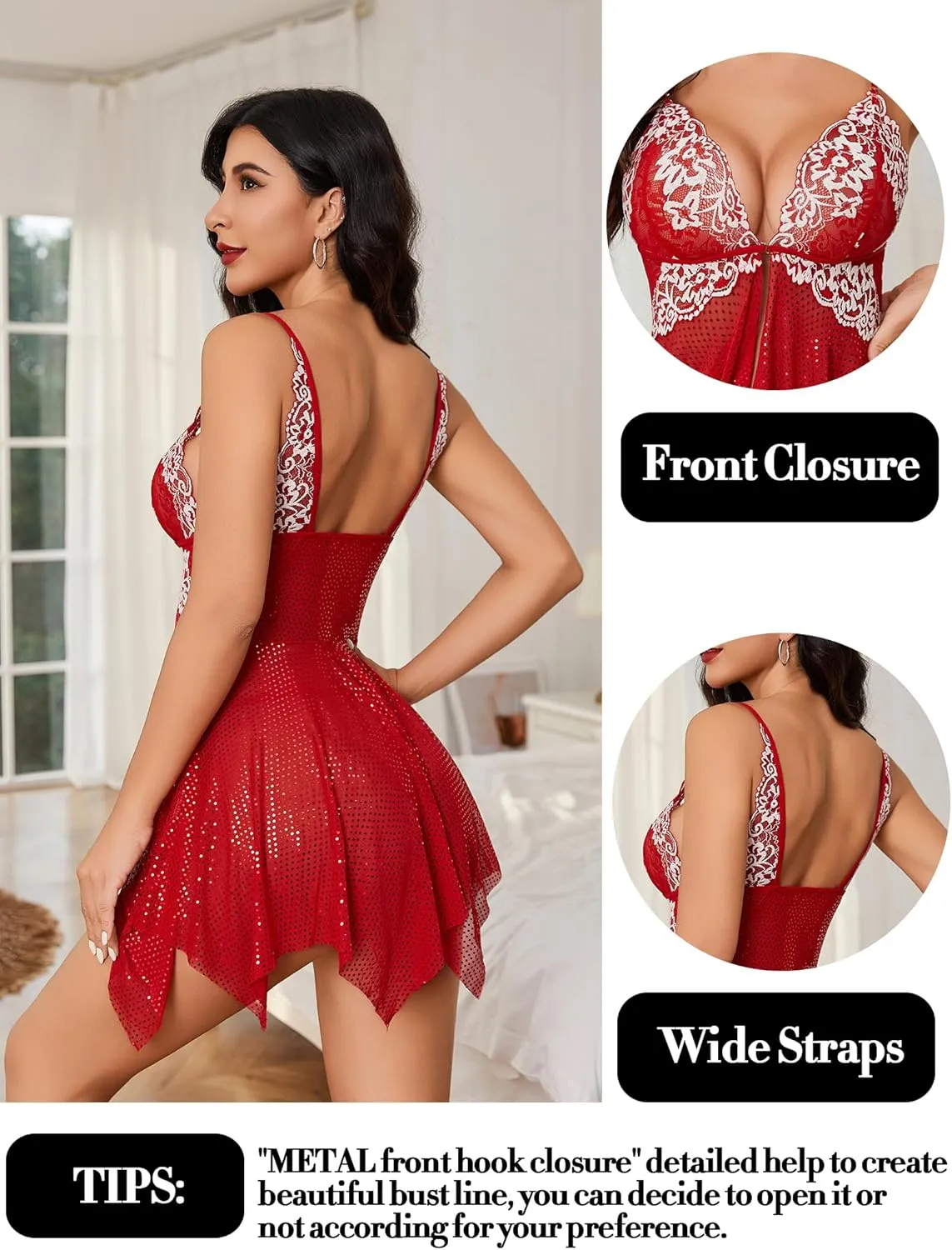 Avidlove Women Lace Lingerie Front Closure Babydoll V Neck Nightwear Sexy Chemise Nightie