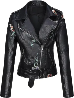 Bellivera Women Faux Leather Jacket Studded Rivet Floral Moto Biker Coat