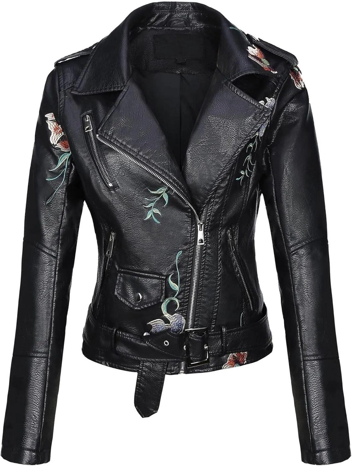Bellivera Women Faux Leather Jacket Studded Rivet Floral Moto Biker Coat