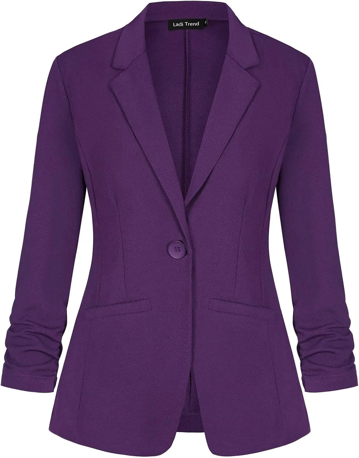 Blazer for Women Button Front Suit Jackets Ruched 3/4 Sleeve Lightweight Pocketed Blazer for Bussiness Casual (Purple L)