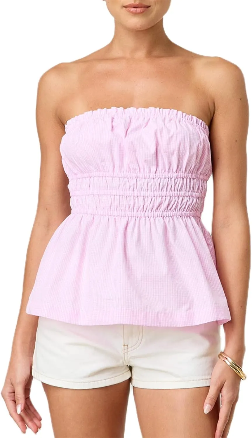 Bocymolay Women Strapless Peplum Top Ruffle Hem Tube Bandeau Top Backless Sleeveless Tank Top Summer Going Out