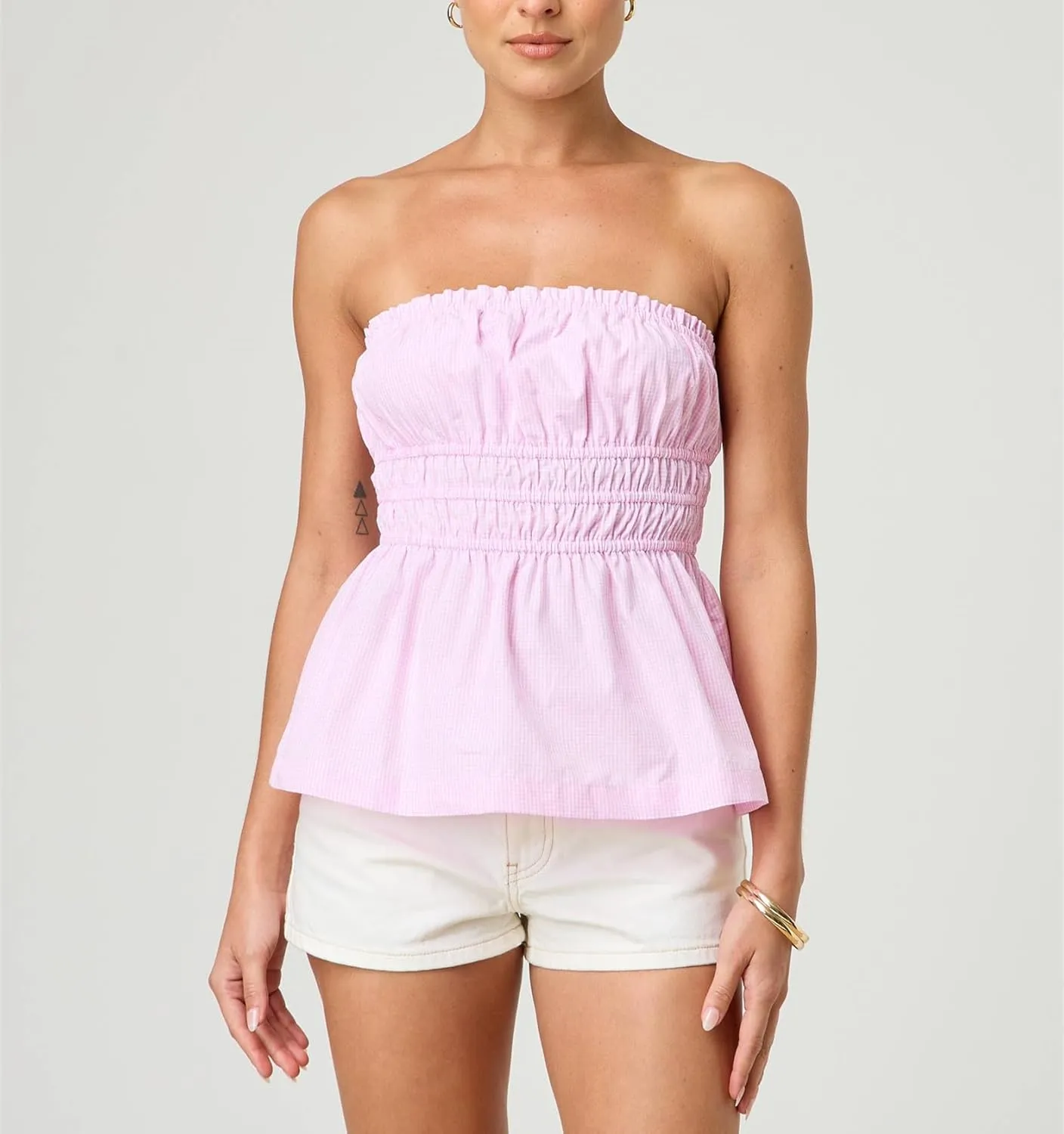 Bocymolay Women Strapless Peplum Top Ruffle Hem Tube Bandeau Top Backless Sleeveless Tank Top Summer Going Out