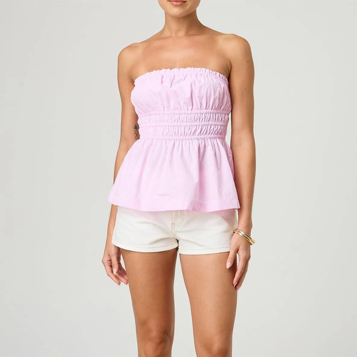 Bocymolay Women Strapless Peplum Top Ruffle Hem Tube Bandeau Top Backless Sleeveless Tank Top Summer Going Out