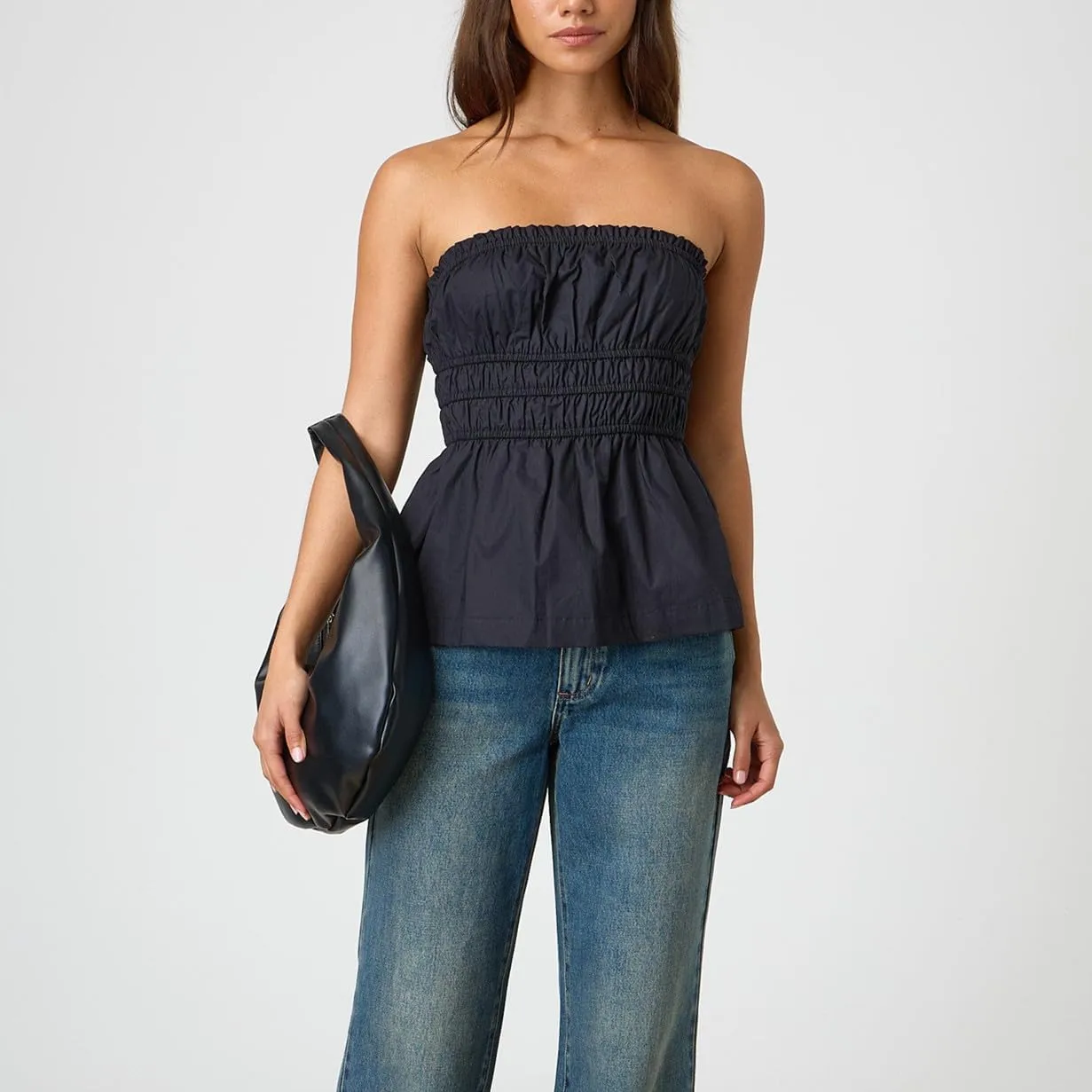 Bocymolay Women Strapless Peplum Top Ruffle Hem Tube Bandeau Top Backless Sleeveless Tank Top Summer Going Out