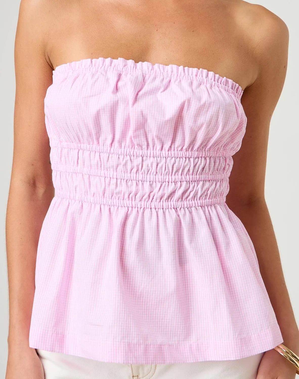 Bocymolay Women Strapless Peplum Top Ruffle Hem Tube Bandeau Top Backless Sleeveless Tank Top Summer Going Out