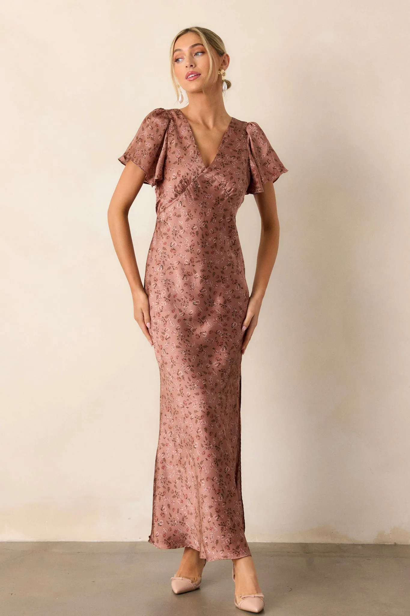 Champagne Moments Dusty Rose Floral Satin Maxi Dress