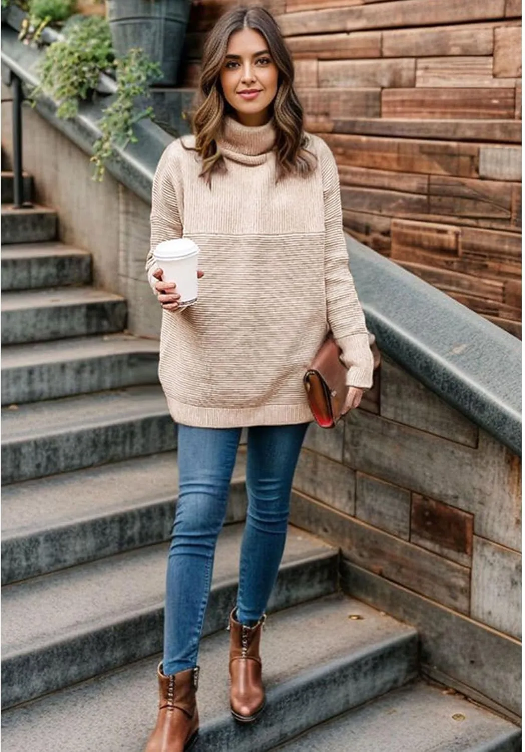 CHICWISH Women's Linen/White/Grey Cozy Ribbed Long Sleeve Turtleneck Knit Top Pullover Sweater