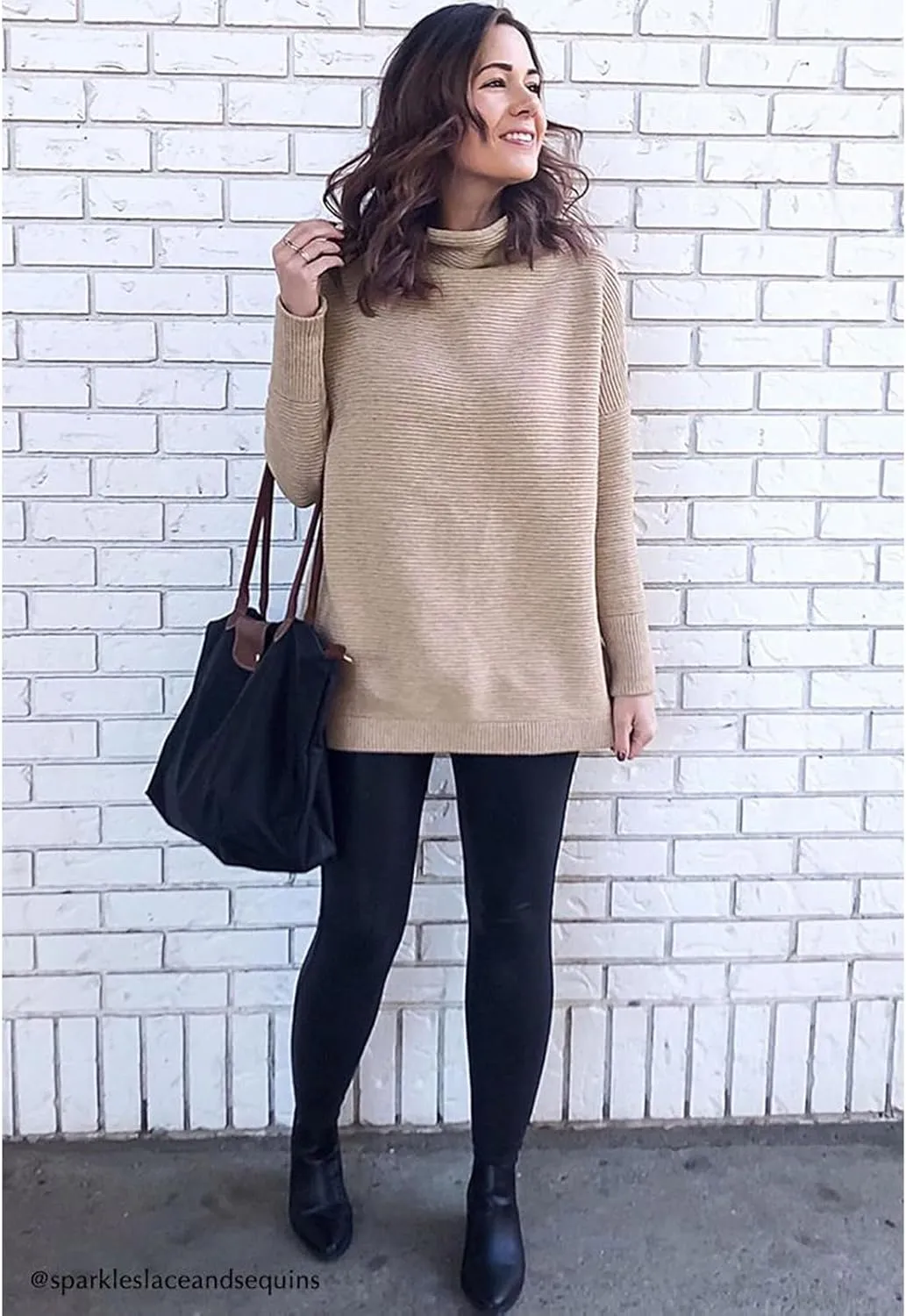 CHICWISH Women's Linen/White/Grey Cozy Ribbed Long Sleeve Turtleneck Knit Top Pullover Sweater