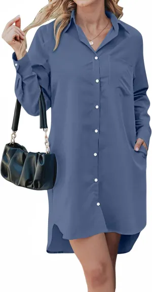 Choichic Button Down Shirt Dress for Women with Pockets Collared Long Sleeve Tunics Blouse Tops