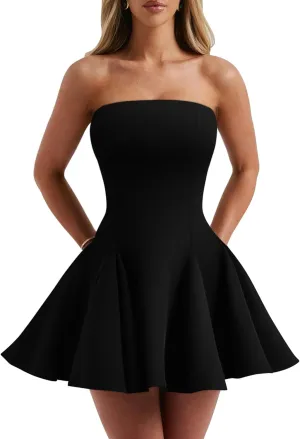 DAAWENXI Women's Sexy Summer Strapless Mini Dress Off Shoulder Sleeveless Ruffle Flowy Party Dresses