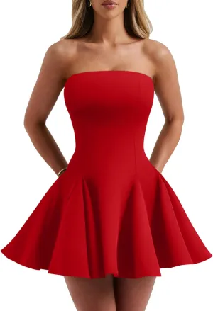 DAAWENXI Women's Sexy Summer Strapless Mini Dress Off Shoulder Sleeveless Ruffle Flowy Party Dresses