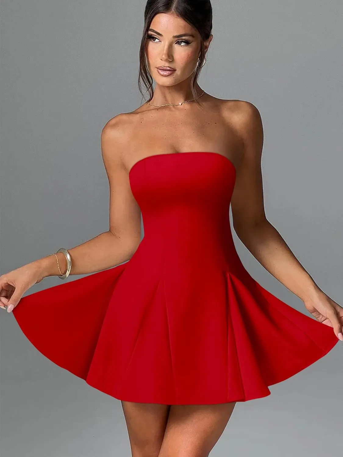 DAAWENXI Women's Sexy Summer Strapless Mini Dress Off Shoulder Sleeveless Ruffle Flowy Party Dresses