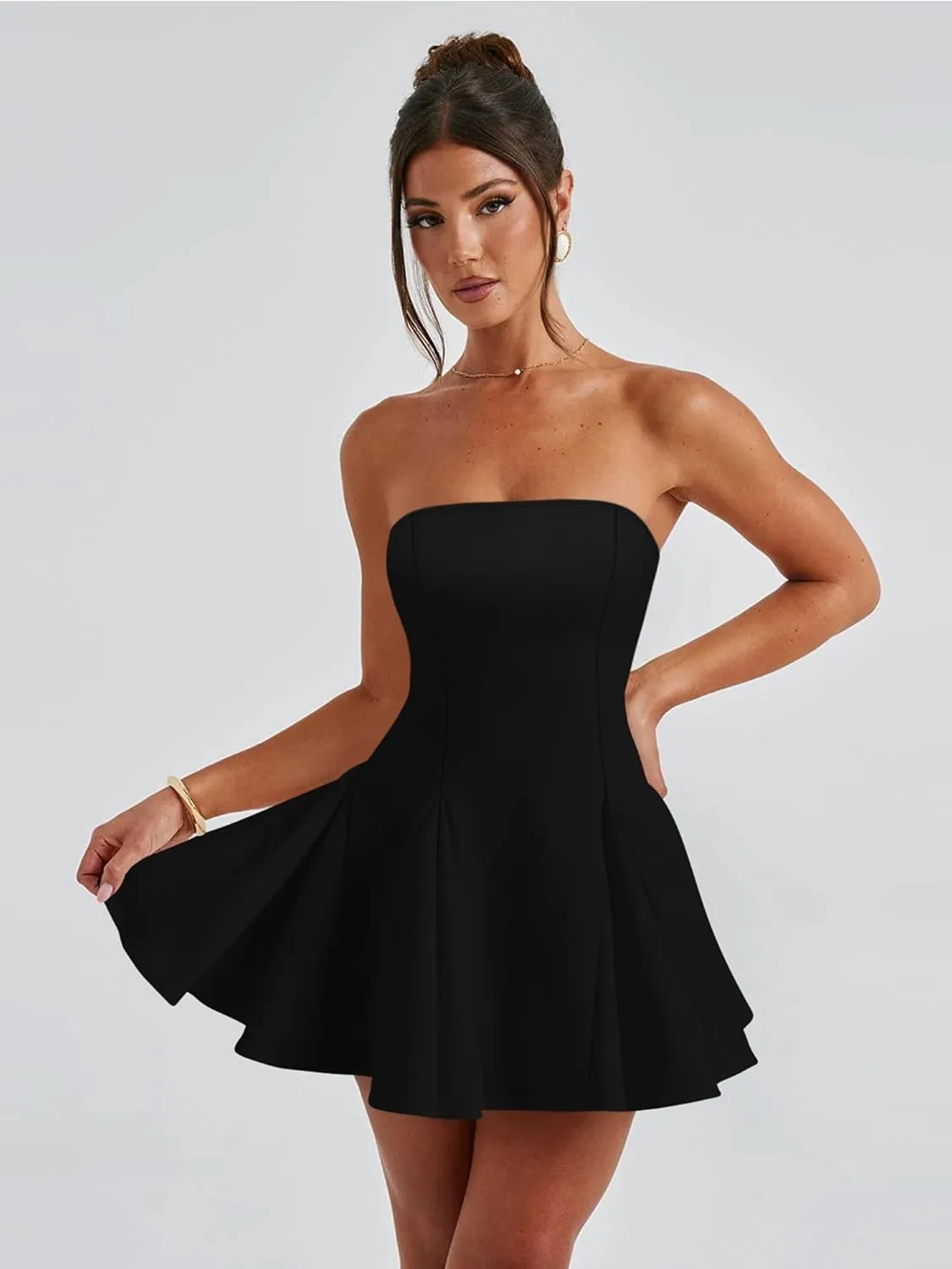 DAAWENXI Women's Sexy Summer Strapless Mini Dress Off Shoulder Sleeveless Ruffle Flowy Party Dresses
