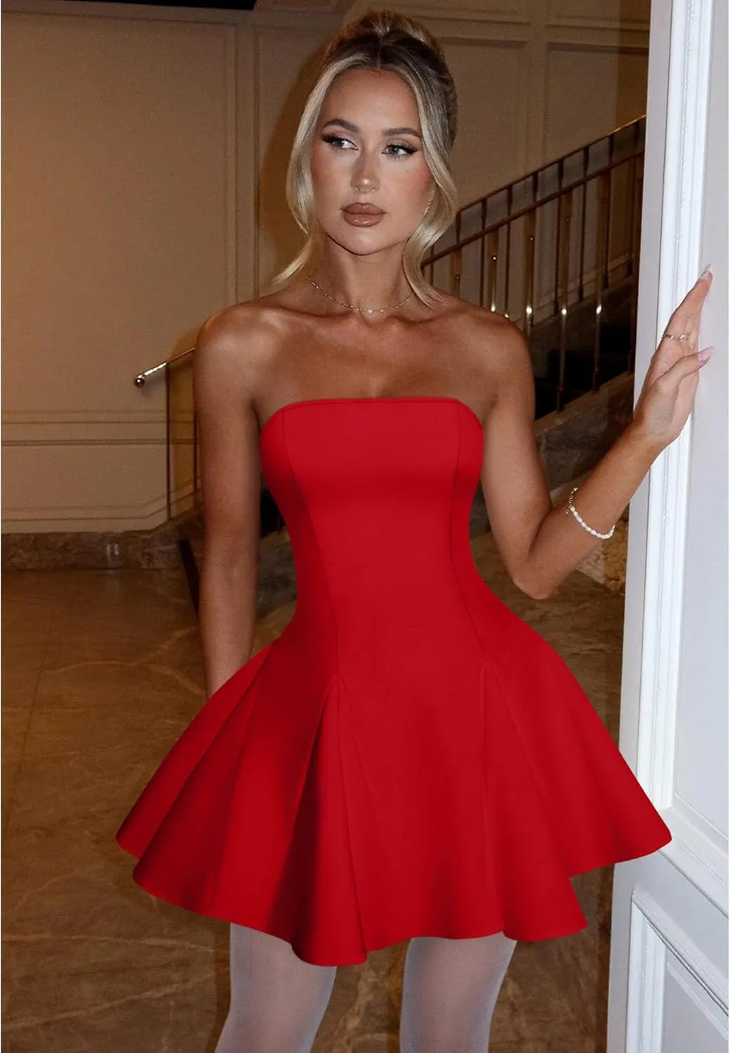 DAAWENXI Women's Sexy Summer Strapless Mini Dress Off Shoulder Sleeveless Ruffle Flowy Party Dresses