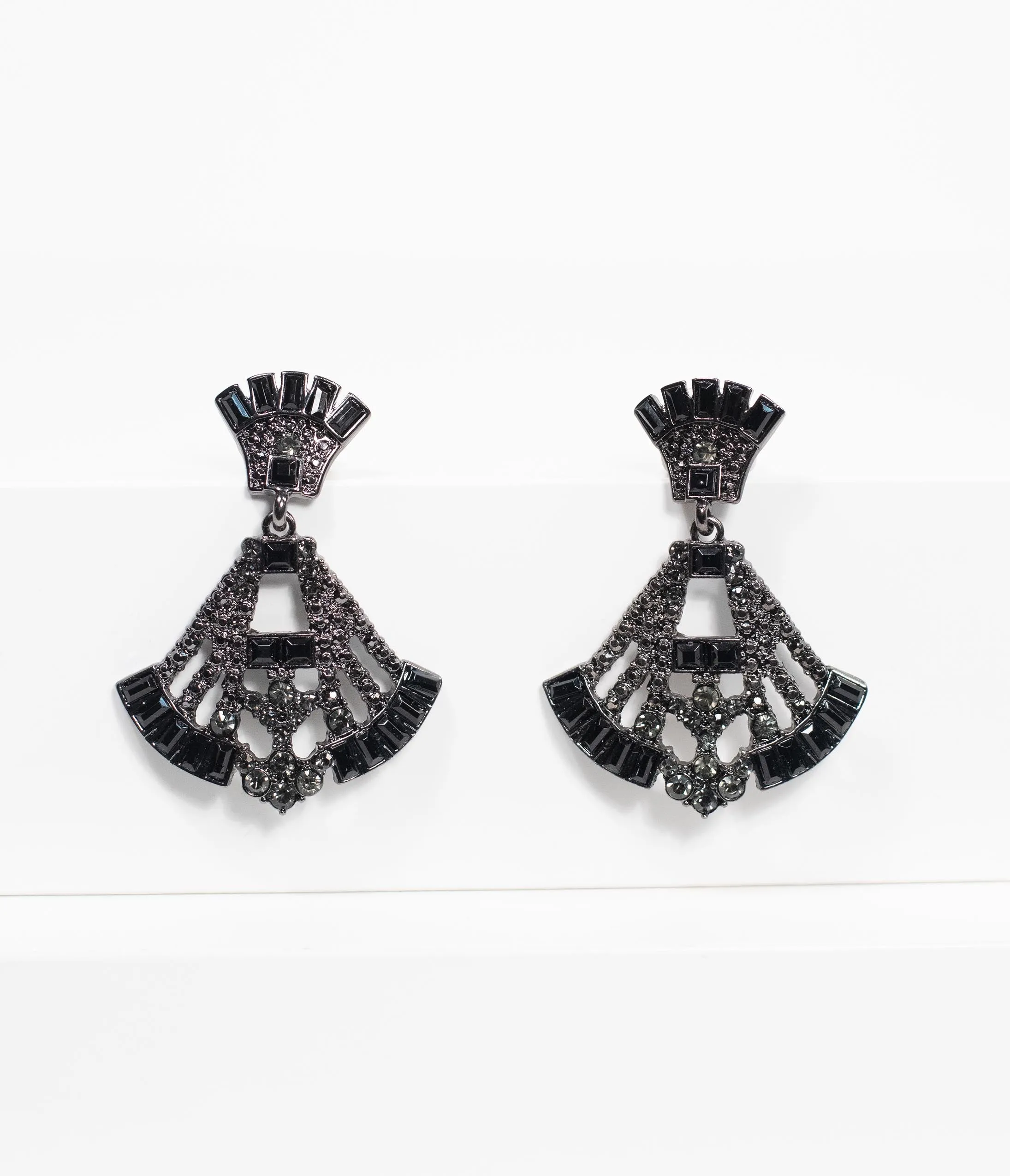 Deco Style Black Rhinestone Drop Fan Earrings