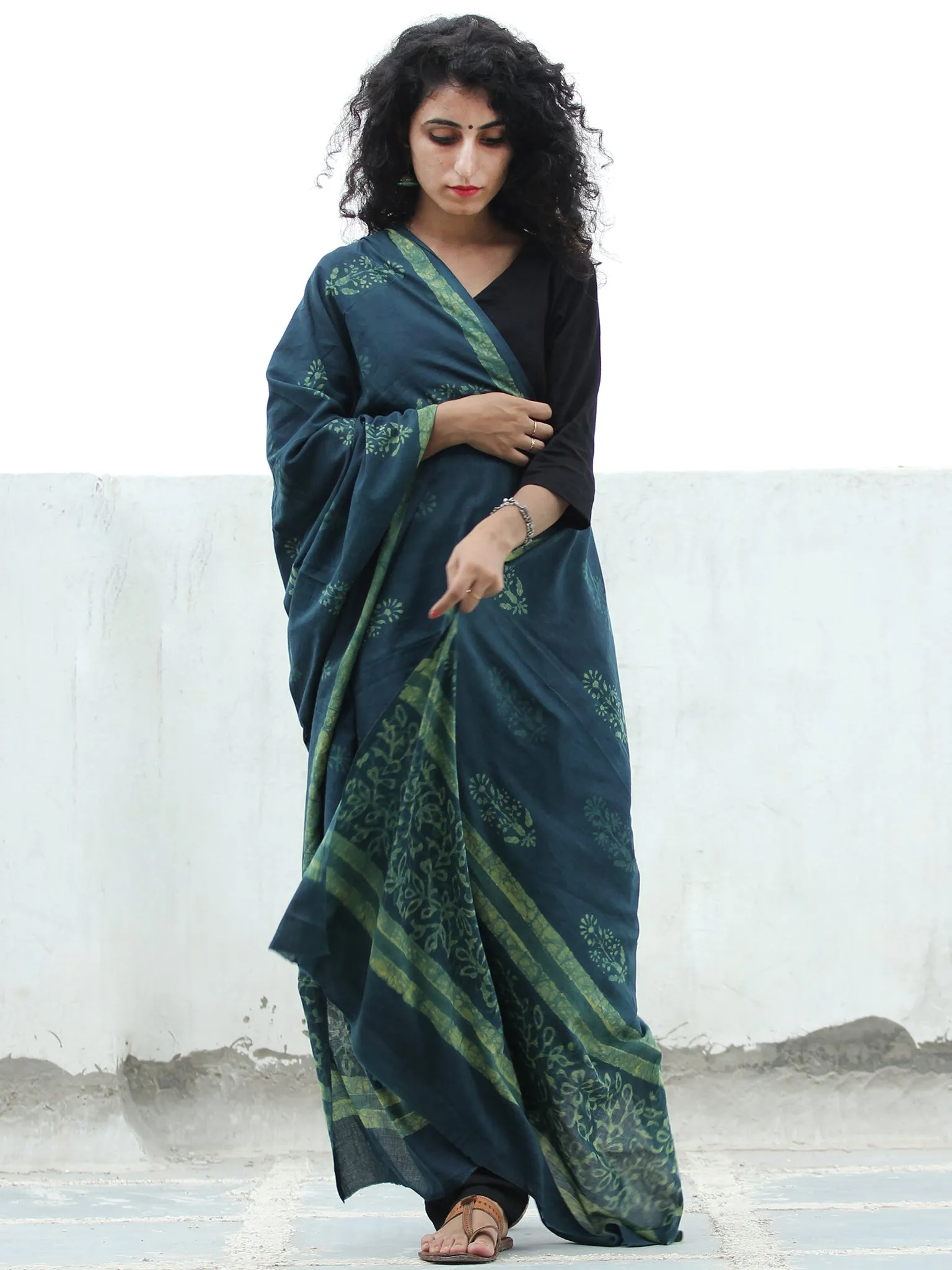 Deep Indigo Yellow  Handloom Cotton Hand Block Printed Dupatta  - D04170387