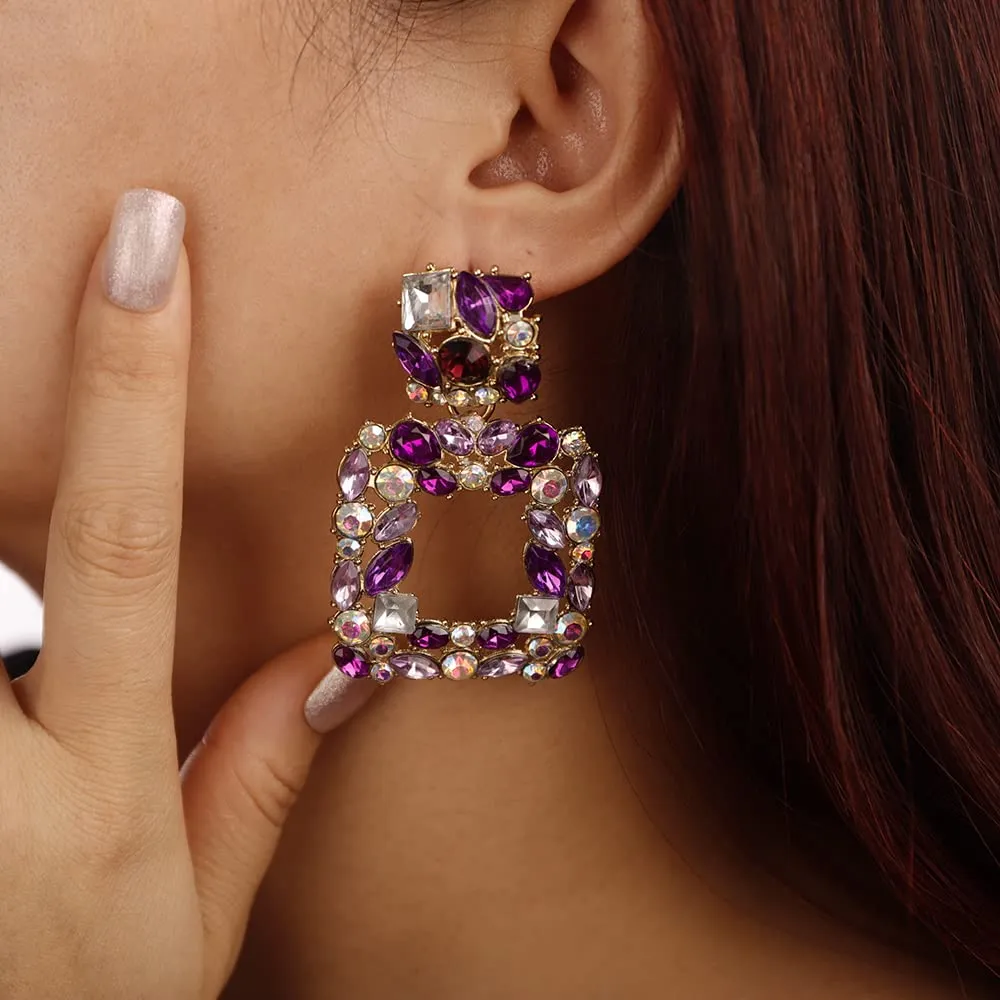 Denifery Crystal Square Dangle Statement Earrings Geometric Shaped with Colorful Rhinstone Drop Earrings for Women Bling Stud Earrings for Prom Wedding (Purple)