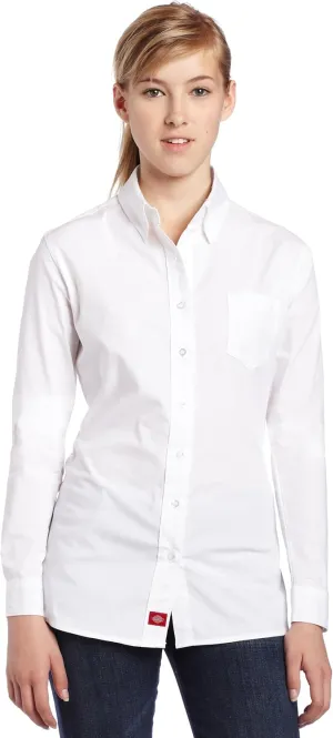 Dickies Girl Juniors Long Sleeve Button Front Poplin Shirt,White,Medium