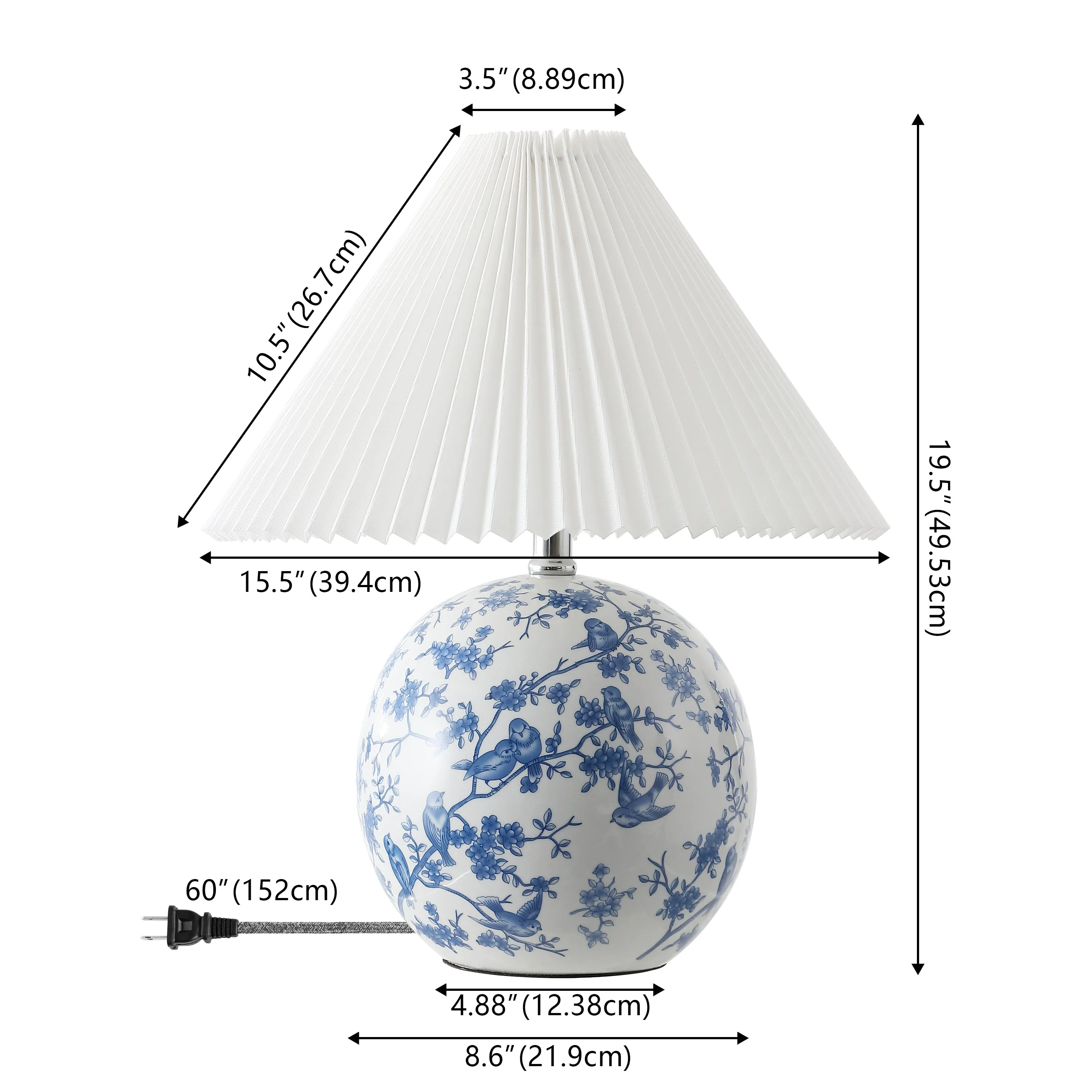 Dishu 19.5" Cottage Classic Chinoiserie Ceramic Orb LED Table Lamp with Pleated Shade