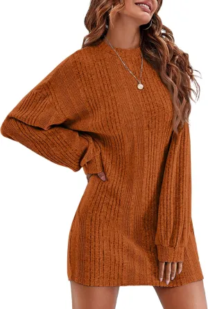 Ekouaer Women's Nightgown Long Sleeve Ribbed Knit Nightshirt Round Neck Sleep Shirt Soft Sweater Dress S-XXL