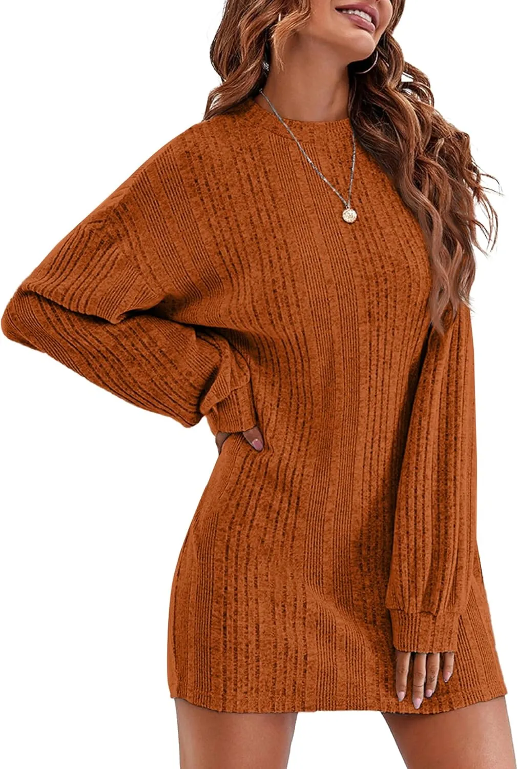 Ekouaer Women's Nightgown Long Sleeve Ribbed Knit Nightshirt Round Neck Sleep Shirt Soft Sweater Dress S-XXL