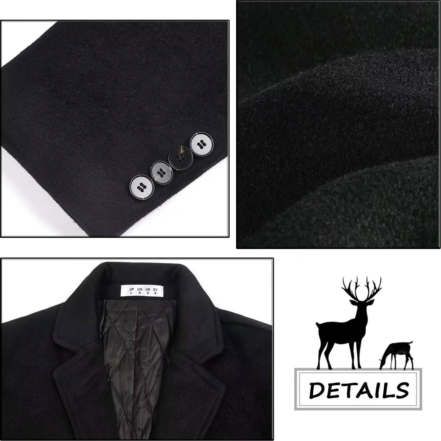 ELETOP Men's Trench Coat Long Wool Coat Winter Classic Overcoat Top Pea Coat