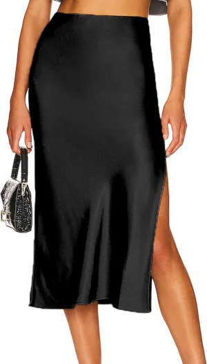 Ezcosplay Women Satin Midi Skirt High Elastic Waisted Satin Slip Skirts Casual Silk Skirt with Slit