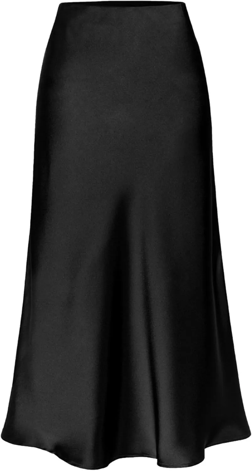 Ezcosplay Women Satin Midi Skirt High Elastic Waisted Satin Slip Skirts Casual Silk Skirt with Slit