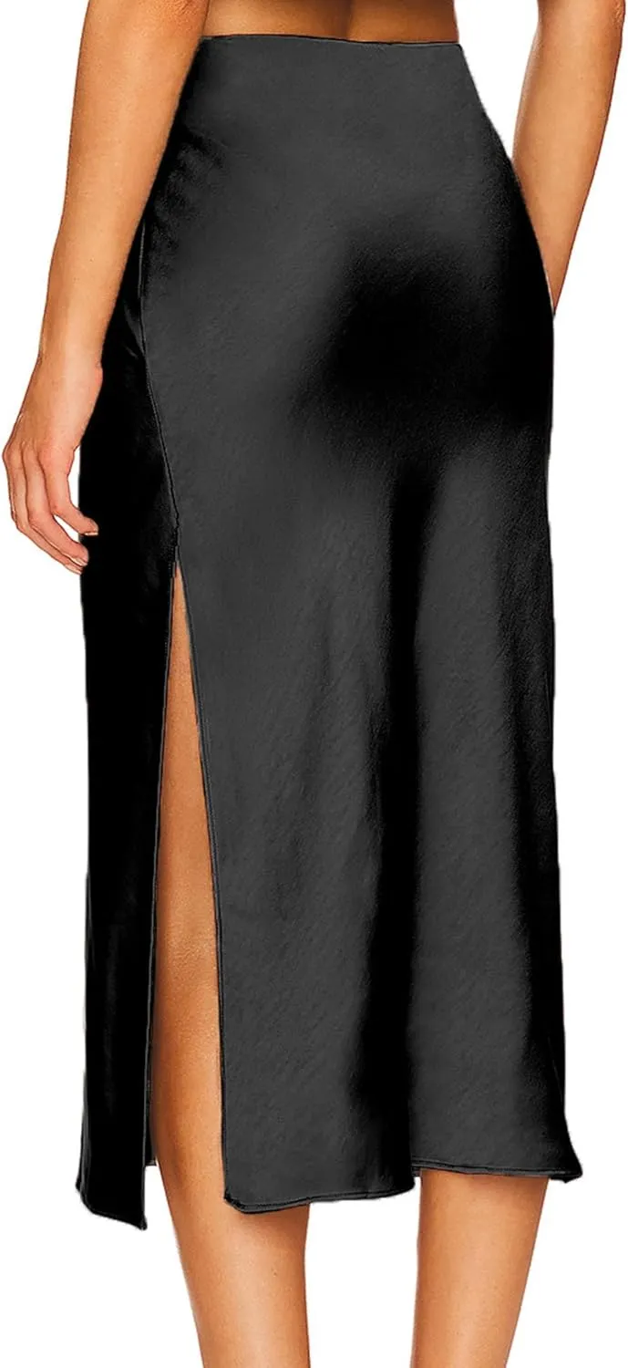 Ezcosplay Women Satin Midi Skirt High Elastic Waisted Satin Slip Skirts Casual Silk Skirt with Slit