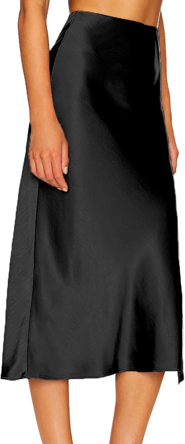 Ezcosplay Women Satin Midi Skirt High Elastic Waisted Satin Slip Skirts Casual Silk Skirt with Slit