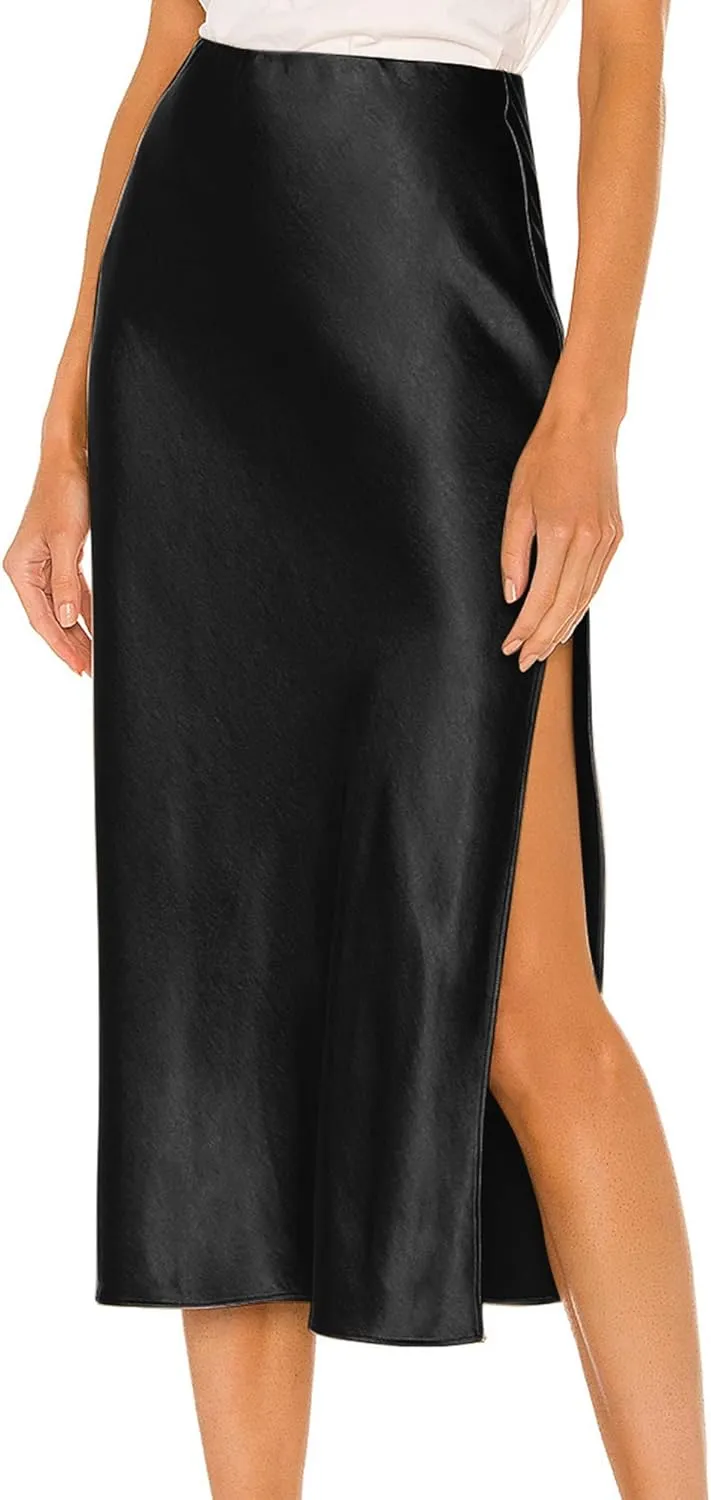 Ezcosplay Women Satin Midi Skirt High Elastic Waisted Satin Slip Skirts Casual Silk Skirt with Slit