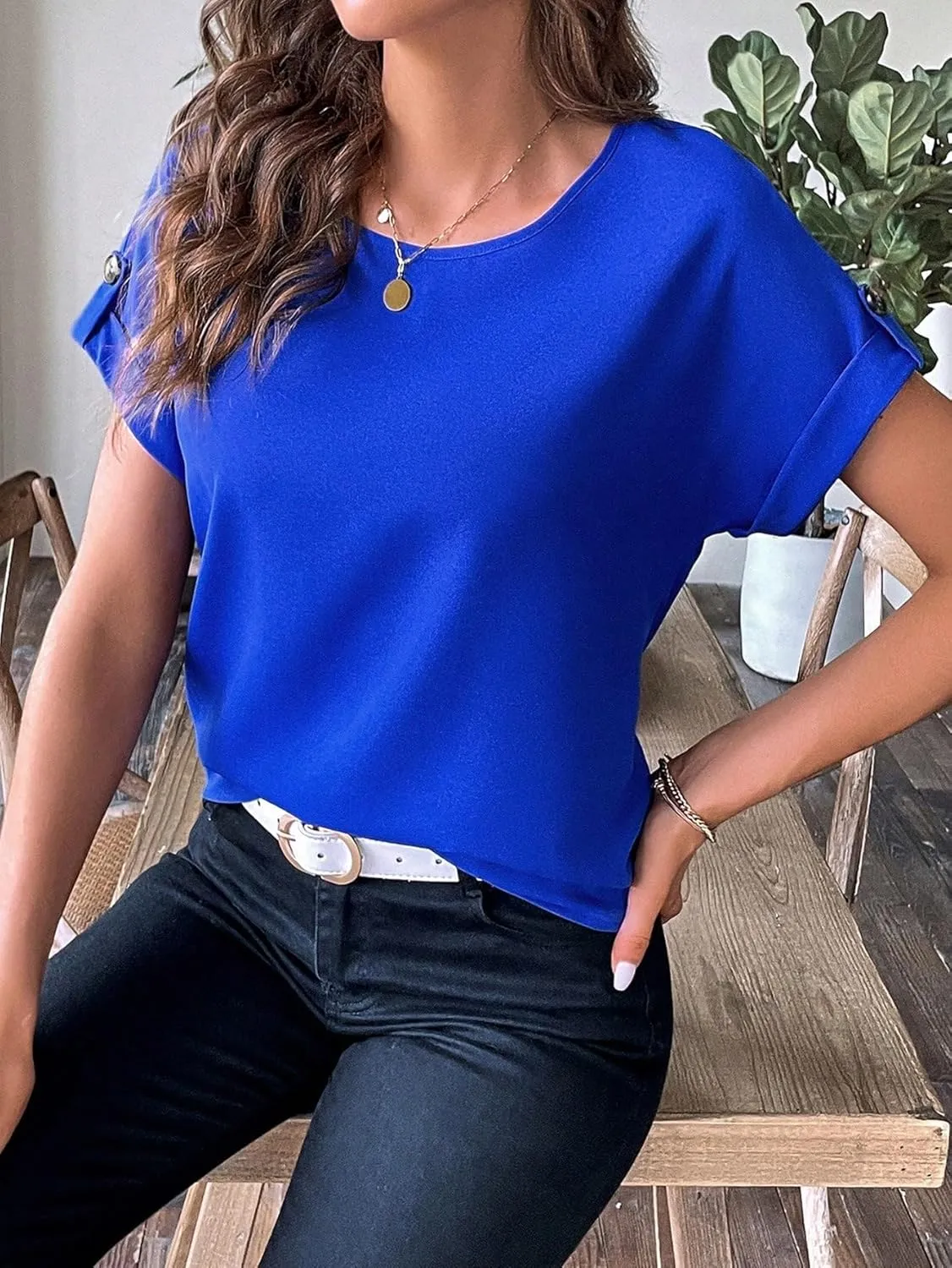 Floerns Women's Casual Solid Rolled Cap Short Sleeve Satin Silk Blouse Tops