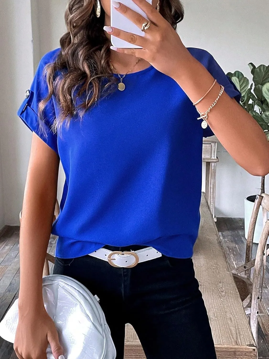Floerns Women's Casual Solid Rolled Cap Short Sleeve Satin Silk Blouse Tops