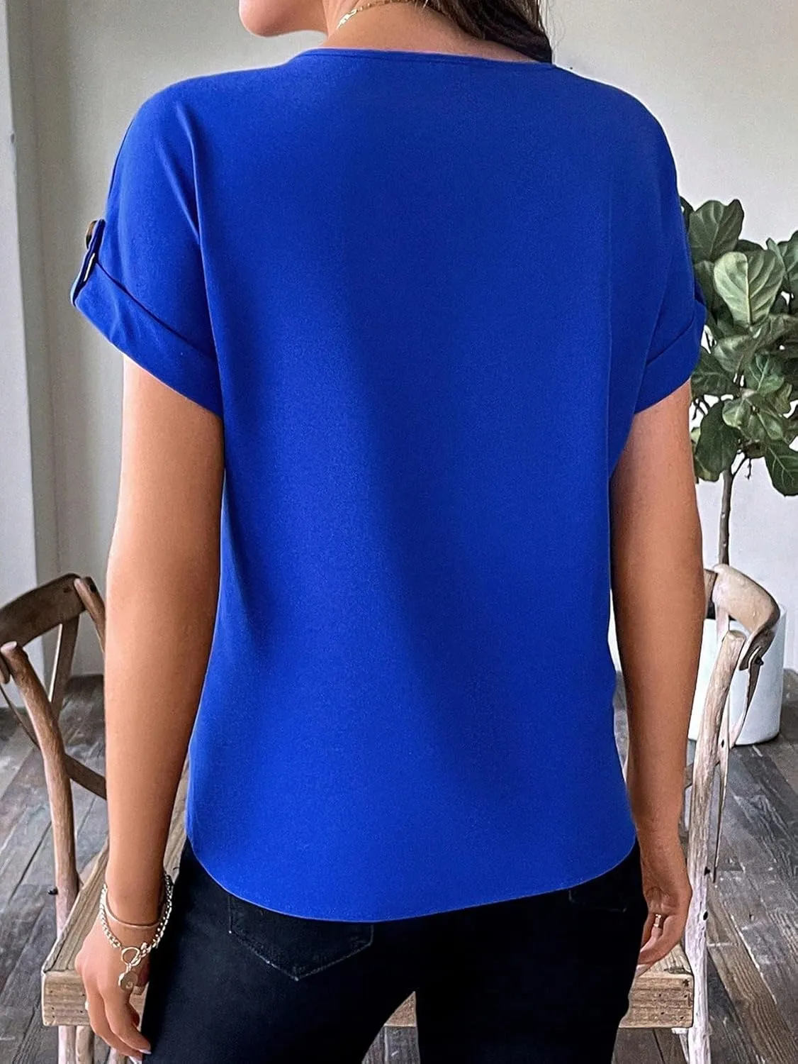 Floerns Women's Casual Solid Rolled Cap Short Sleeve Satin Silk Blouse Tops