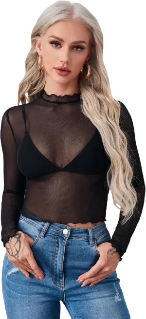 Floerns Women's Long Sleeve See Though Sheer Mesh Crop Tee Tops