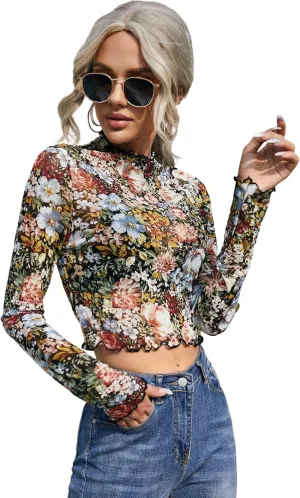 Floerns Women's Long Sleeve See Though Sheer Mesh Crop Tee Tops
