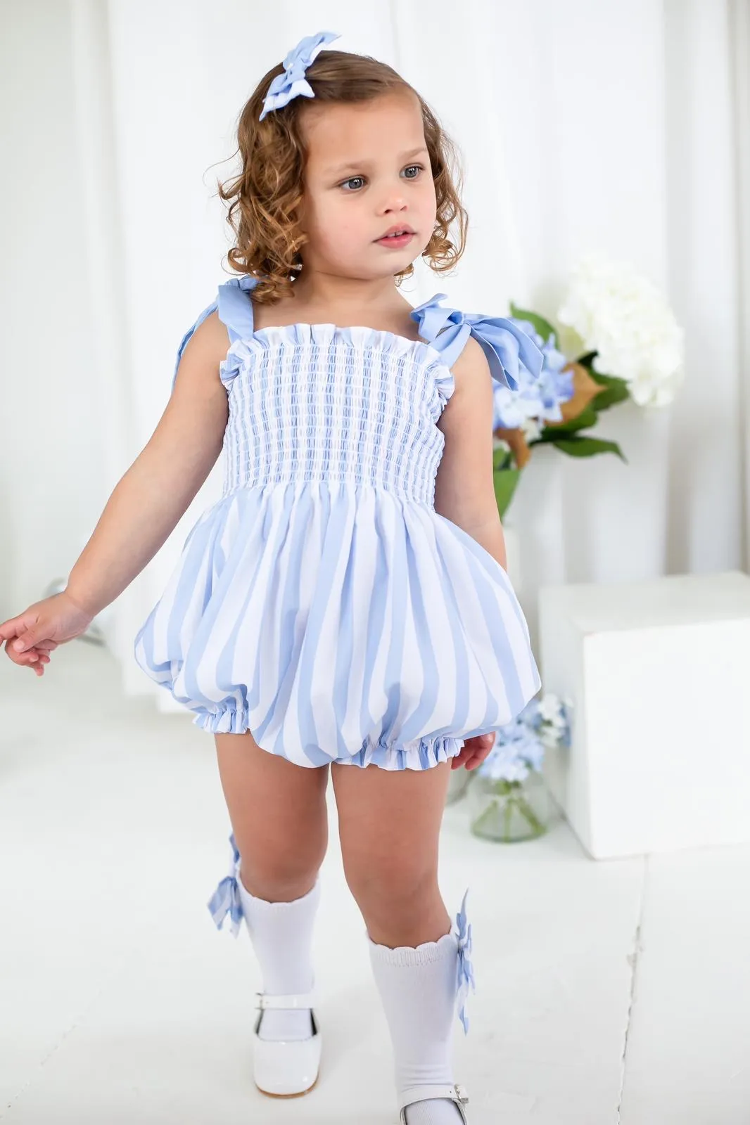Girls Blue Stripe Bubble Romper