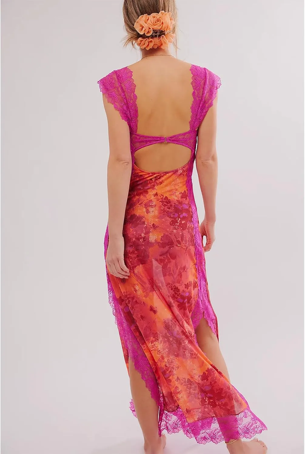 HOXIJIA Women Y2K Floral Lace Maxi Dress Sexy Low Cut Backless Side Slit Long Dress Summer Sleeveless Hollow Out Slip Dress