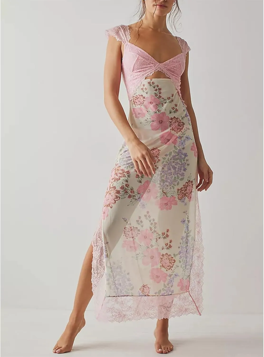 HOXIJIA Women Y2K Floral Lace Maxi Dress Sexy Low Cut Backless Side Slit Long Dress Summer Sleeveless Hollow Out Slip Dress