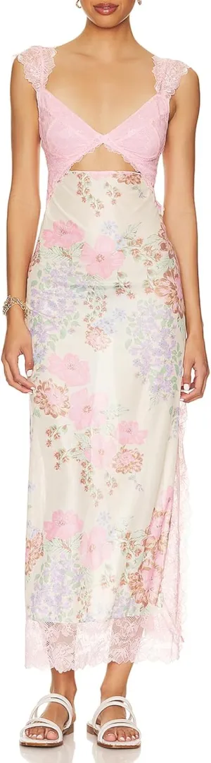 HOXIJIA Women Y2K Floral Lace Maxi Dress Sexy Low Cut Backless Side Slit Long Dress Summer Sleeveless Hollow Out Slip Dress