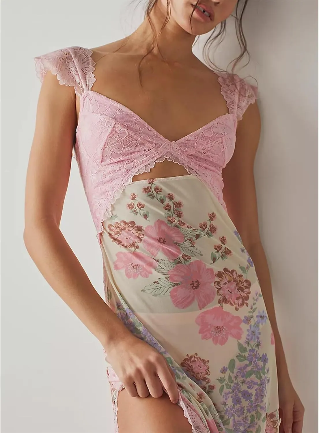 HOXIJIA Women Y2K Floral Lace Maxi Dress Sexy Low Cut Backless Side Slit Long Dress Summer Sleeveless Hollow Out Slip Dress